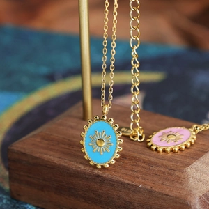 Bohemian 18K gold plated oval enamel pendant necklace with sunburst ray engraving