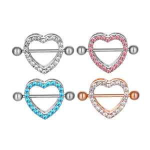 Double-layered heart nipple rings with rhinestones in silver, pink, blue, and rose gold