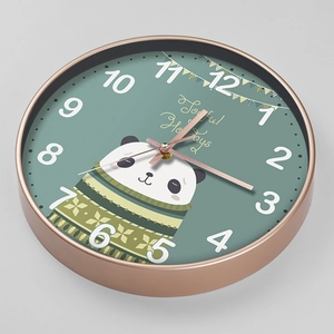 Panda wall clock with 20cm teal dial and elegant rose gold metal frame for kids' rooms