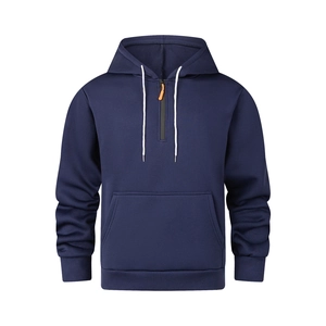 Men's navy blue half-zip hoodie with white drawstrings and front kangaroo pocket