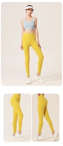 Detailansicht der gelben High-Waist Yoga-Leggings mit nahtlosem Design und Shaping-Effekt