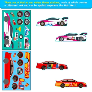 Racing car DIY puzzle stickers set featuring 6 sheets of cartoon vehicle designs