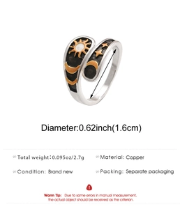 Detailed view of sun and moon ring showing 0.62 inch diameter and 2.7g copper material