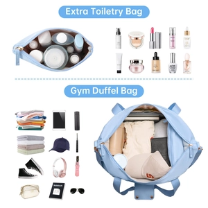 Flat lay of light blue gym duffel bag with extra toiletry bag and large storage capacity