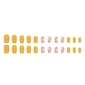 Short square press-on nails with yellow daisy and bee floral patterns for summer