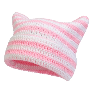 Detailed close-up of pink and white striped crochet knit texture on a cat ear beanie