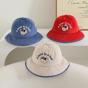 Chapeau Bob Enfants Velours Côtelé Ours Dessin Animé Brodé Doux Protection Solaire Automne Chaud Pour Tout-petits