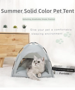 Breathable light grey pet tent for cats and small dogs in a cozy home setting