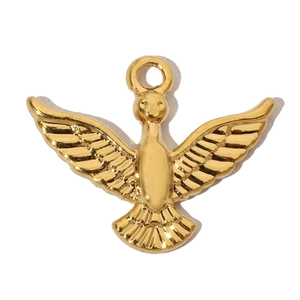 Close-up of golden stainless steel dove pendant with a polished finish and ring attachment