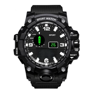 Detail shot of black waterproof sports watch featuring dual digital and analog time display