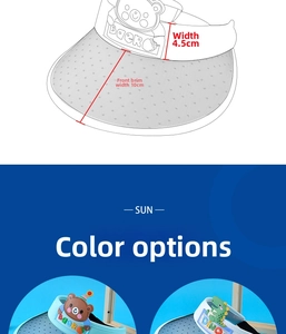 Detailed size chart and close-up of kids cartoon sun visor with breathable vents