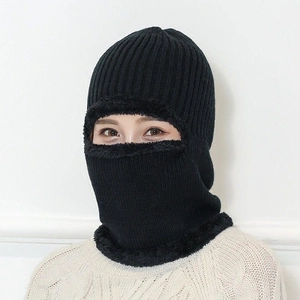Black ribbed knit Balaclava with faux fur lining for winter windproof thermal protection