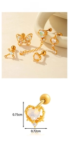 Detail showing gold heart stud earring with opal and zirconia and size dimensions