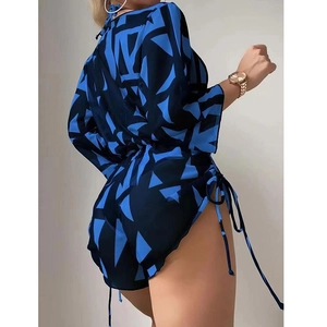 Three-piece bikini set with geometric blue print mesh cover-up and drawstring side detail