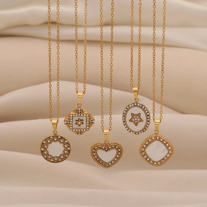 Stainless Steel Mother Of Artificial Pearl Shell Star Heart Square Geometric Pendant Necklace Gold Rhinestone Jewelry For Women