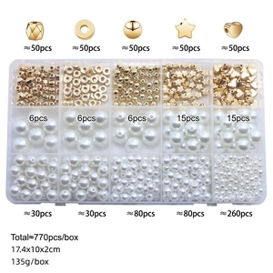 770-piece DIY jewelry making kit with gold beads and faux pearls in 15-grid storage box