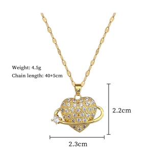 Detailed size specifications for gold heart planet necklace with shiny zircon stones