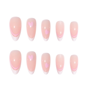 Pink heart almond-shaped French press-on nails with glossy finish in a 10-piece set
