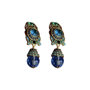 Vintage gold-toned clip earrings with blue and green rhinestones and crystal teardrops