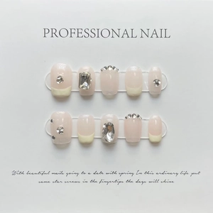 Handmade French Press On Nails Light Pink Creamy White With Luxury Rhinestones Square Crystals Elegant For Women