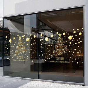 Golden Christmas tree glass stickers for window decoration with 2026 Merry Christmas text