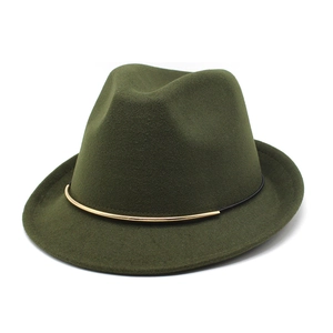 Olive green wool fedora hat with black rope and golden metal buckle accessory