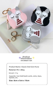 Three cute owl-shaped mini leather coin purses in pink, black, and grey with keychains