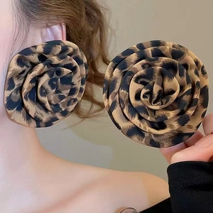 Leopard Print Rose Flower Oversized Earrings With 925 Sterling Silver Earring Post Cloth Fabric Exaggerated For Women
