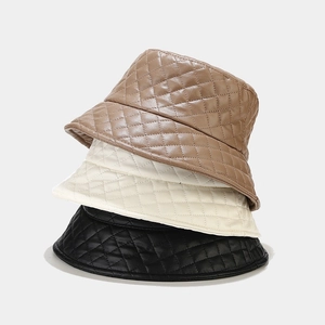 Quilted Bucket Hat PU Leather Diamond Lattice Warm Winter Outdoor Fashion Casual Flat Top Short Brim For Women