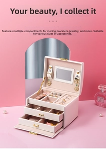 Detailed view of the three-layer white PU leather jewelry box with mirrors and drawers