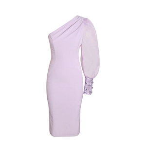 Elegant lavender one-shoulder bodycon dress with sheer puff sleeves and rhinestone cuffs