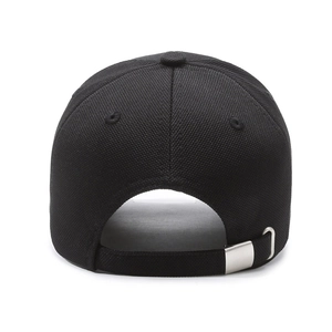 Rear view of black fabric baseball cap with adjustable metal slider buckle and woven texture
