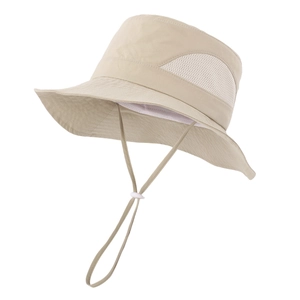 Detailed view of beige sun hat featuring breathable white mesh panels and adjustable strap