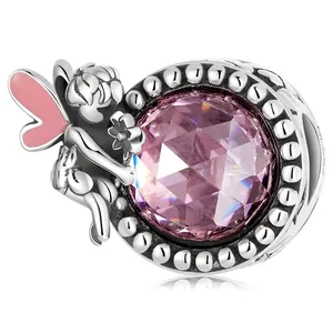 925 sterling silver butterfly fairy charm with pink enamel wings and purple faceted gemstone