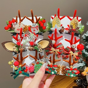 Christmas Antler Hair Clips Reindeer Ears Flocking Alloy Fabric Pom Pom Berries Santa Holiday Party Dress Up Women Girls