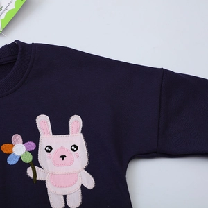 Navy blue kids sweatshirt with pink rabbit embroidery and soft cotton knit fabric