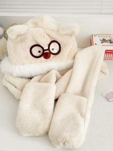 Detail of plush white 3-in-1 hoodie scarf with cute bear ears and glasses decor