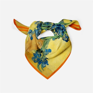 Silk scarf with Van Gogh Iris oil painting print and orange borders on yellow base