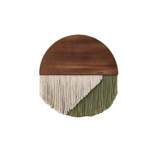 Bohemian round wall hanging with walnut wood board and olive green cotton tassels