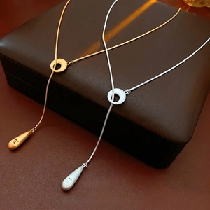 Minimalist Copper Lariat Necklace With Brushed Water Drop Pendant Heart Detail Plated Elegant Y Shape Jewelry For Women