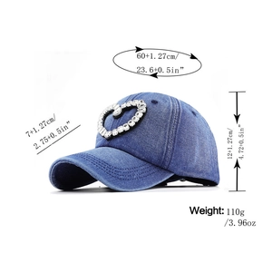 Denim baseball cap details with rhinestone heart and precise size specifications
