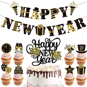 Happy New Year Banner And Cake Toppers Glitter Cardstock Decorations For New Year Eve Party Home Window Festive Ornament