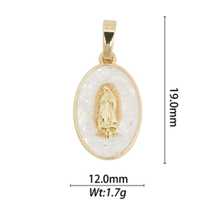 Detail view of 18k gold plated Virgin Mary pendant with white shimmer and size parameters