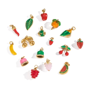 Detail of colorful enamel fruit and vegetable pendants with 18K gold-plated metal loops