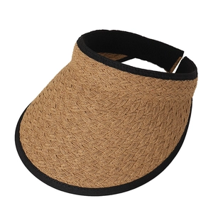 Minimalist straw sun visor hat for women with black fabric trim and open top design