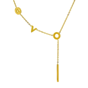 Gold stainless steel LOVE letter Y-shaped necklace with long bar pendant on white background