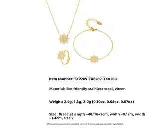 Detailed view of gold sunburst jewelry set featuring zirconia stones and stainless steel
