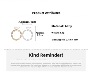 Detail view of gold and silver alloy hollow heart bracelets with size and weight specs