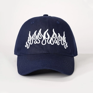 Navy blue baseball cap featuring bold white flame embroidery in a streetwear style