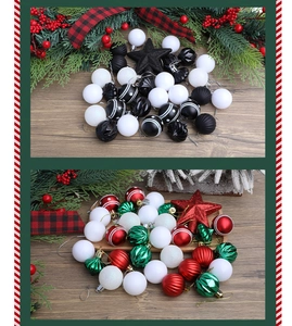 Detail of red, green, and black-white Christmas tree ornament sets with glitter finish
